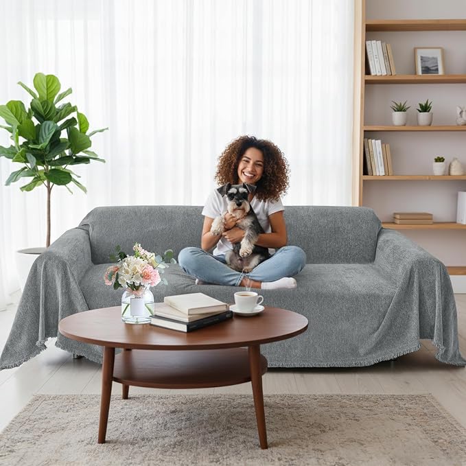 Smiry Couch Cover for Dogs, Chenille Sofa Covers for 3 Cushion Couch | Washable Soft Sofa Slipcover for Pets, Thick Sectional Furniture Protector with Tassels (Grey, 88.5x150 Inch) - Image 12