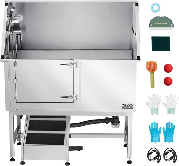 VEVOR Stainless Steel Dog Washing Station, 50 inch Pet Grooming Tub w/Ramp, PE Water Filter Board, Faucet & Showerhead & Soap Holder Dog Bathtub for Large & Medium & Small Pets (Left Door) - Image 9