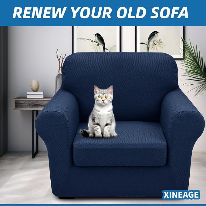 XINEAGE 2026 New 2 Pieces Chair Covers with Arms Super Stretch Chair Slipcover for Living Room Pet Dog Universal Slip Cover Anti Slip Armchair Furniture Protector (Navy Blue), 31"-46"(1 Cushion) - Image 4