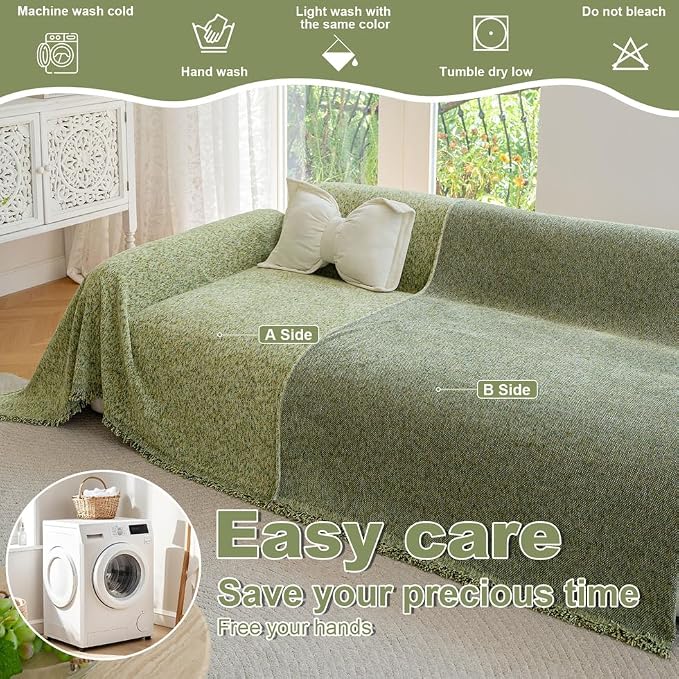 ROOMLIFE Green Sofa Cover, Vintage Boho Couch Cover for 3 Cushion Sofa, Soft Chenille Sofa Cover for Dog, Washable Furniture Sofa Protector Cover Blanket with Tassel for Living Room, 71 '' X 118'' - Image 4
