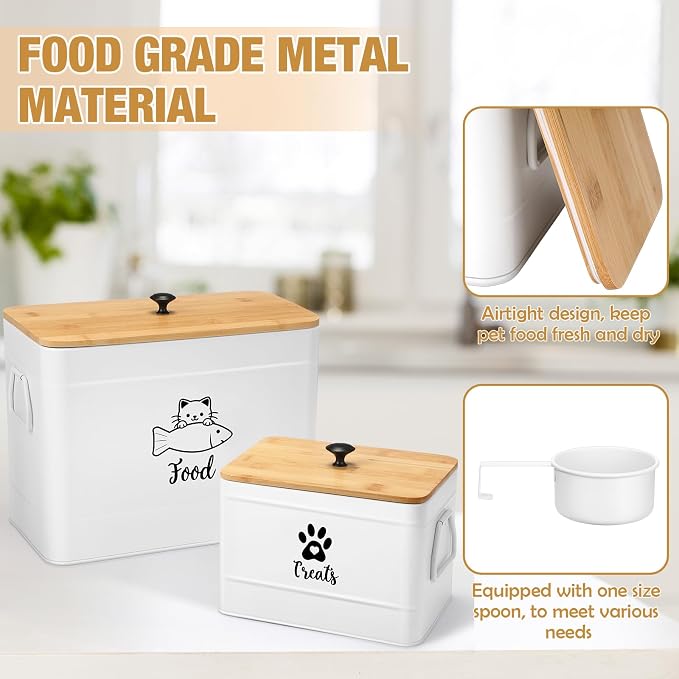 Reallnaive 2 Pcs Large Metal Cat Food Storage Containers 12+3.5 Lbs Decorative Pet Treat Snack Jars Airtight Bamboo Lids & Dry Food Scoop for Farmhouse Kitchen Counter Decor, Pet Owner Gifts(White) - Image 3