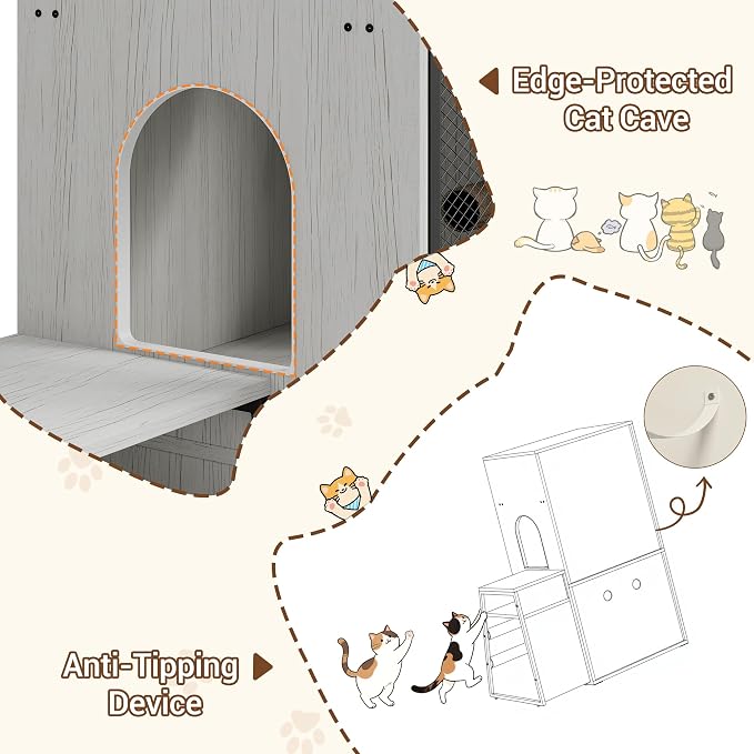 GarveeLife Cat Litter Box Enclosure with Doors, Double Cat House with Storage Space, Enclosed Litter Box Furniture with Ladder, Retro White - Image 5