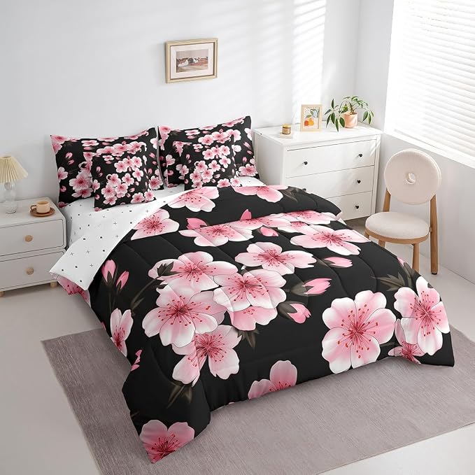 Feelyou Cherry Blossom Bed in a Bag Twin Size Japanese Floral 7 Piece Bedding Set for Kids Girls Teens Toddler Pink Flower Comforter Set with Sheets Romantic Bed Set - Image 2