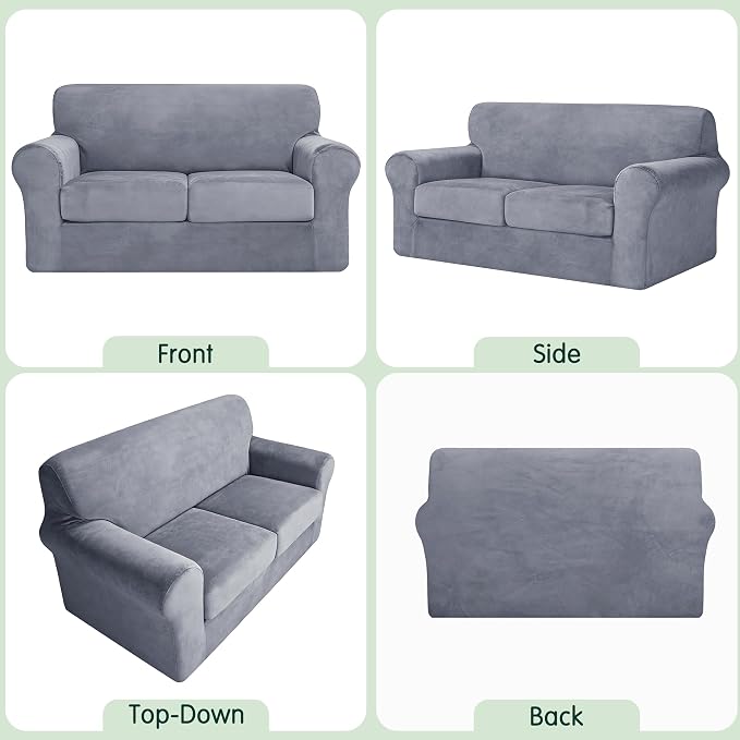CHUN YI 3 Piece Velvet Couch Covers for 2 Cushion Couch, Water Resistant Loveseat Covers, Non Slip High Stretch Thick Furniture Protector for Dogs Pets, Medium, Grey - Image 5