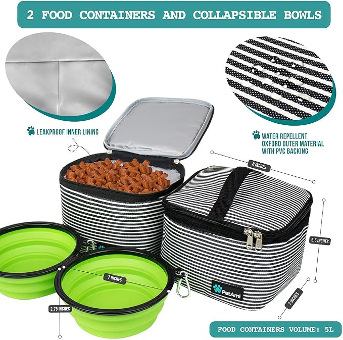 PetAmi Dog Travel Bag Organizer, Pet Travel Kit with 2 Food Containers & 2 Collapsible Dog Bowls, Pet Supplies Tote with Luggage Sleeve, Weekend Road Trip Camping Essentials, Stripe Black, Large - Image 3