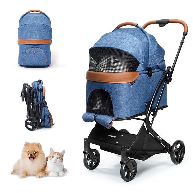 【One-Pull Open Ver.】 PETTENA One-Touch Foldable Dog Stroller for Small Dogs Cats up to 44 Lbs, Cat Stroller for 2 Cats, Large Space, Black (Navy Blue)
