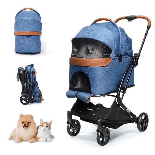【One-Pull Open Ver.】 PETTENA One-Touch Foldable Dog Stroller for Small Dogs Cats up to 44 Lbs, Cat Stroller for 2 Cats, Large Space, Black (Navy Blue)