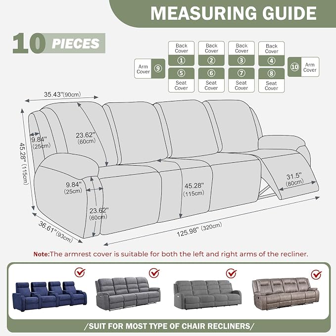 vctops Diamond Recliner Sofa Covers 10-Pieces Stretch Large RV Couch Covers for 4 Seats Reclining Slipcovers Soft Solid Furniture Protector (Greyish Green,4 Seat) - Image 2
