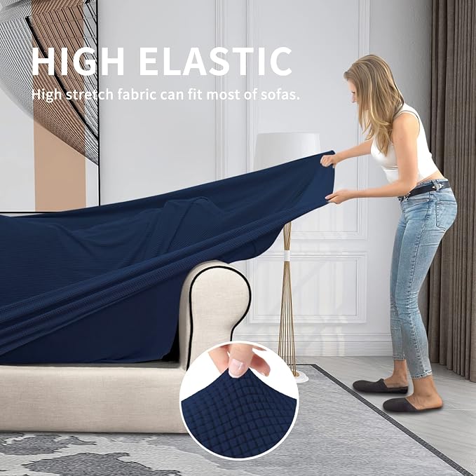 Easy-Going 4 Pieces Stretch Couch Cover Oversized Sofa Cover for Dogs Washable Sofa Slipcover for 3 Separate Cushion Couch Spandex Elastic Furniture Protector for Pets, Kids (Navy, Oversized Sofa) - Image 4