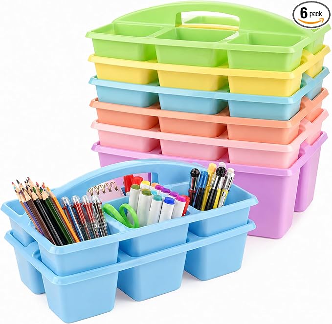 gisgfim 6 Pack Plastic Classroom Caddy with 6-Compartments Plastic Storage Caddies with Handle 6 Compartments Table Caddy Organizer Versatile Table Caddies for Classroom Office Storage, Pastel Color by gisgfim