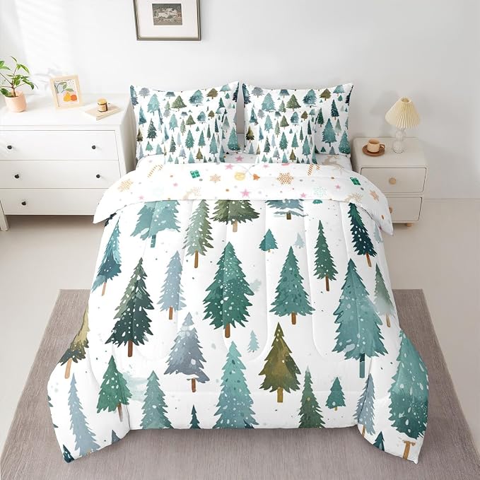 Erosebridal Christmas Tree Queen Comforter Set with Sheets 7 Piece Green Xmas Pine Tree Bed in A Bag Forest Snowy Nature Scene Bedding Sets for Men Winter Holiday Christmas Bed Set Happy New Year - Image 3