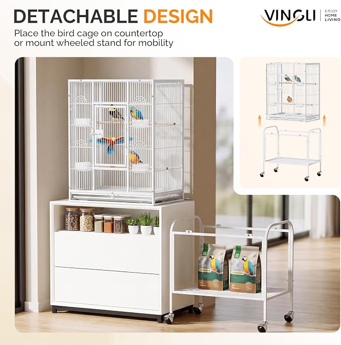 VINGLI 53-inch Bird Cage with Wheels, Durable Wrought Iron Parakeet Cage with Slide Out Tray, Black Bird Cages for Parakeets/Lovebird/Cockatiels/Budgies and Other Small/Medium Birds (White, 53 inch) - Image 2