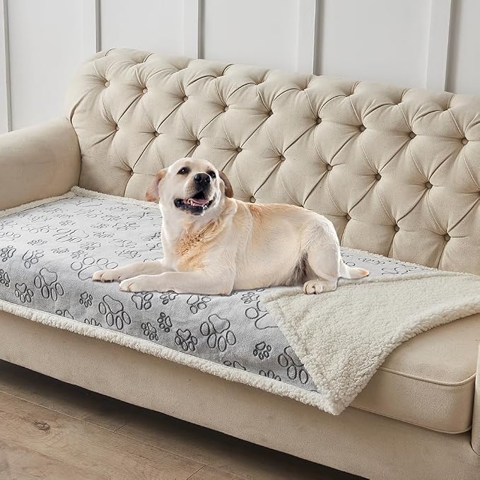 Qeils Pet Blankets for Couches, Waterproof Dog Blankets for Large Dogs, Sherpa Fleece Puppy Blanket, Soft Plush Reversible Dog Blanket, Couch Cover for Dogs Washable, 30"X70", Grey Paw Print - Image 5