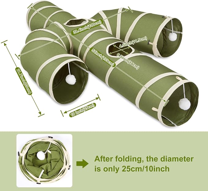 Ownpets Cat Tunnel Cactus-Shaped, Sturdy Oxford Fabric Collapsible Cat Tunnels for Indoor Cats,Interactive Peek Hole Pet Tunnel Tube with Cat Wand Toy, Green - Image 6