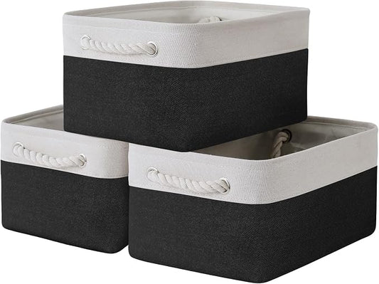 TheWarmHome Storage Basket for Organizing - 3 Pack 13.8x9.8x6.7 inch Medium Collapsible Storage Bin for Shelves with Handles Organizer Closet Cubes Cloth Gift Toy (White & Black) by TheWarmHome