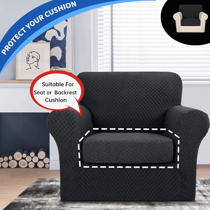 YEMYHOM Stretch Individual Cushion Covers Sofa Chair Seat Cushion Slipcovers Soft Couch Cover Replacement Large Checkered Furniture Protector with Elastic Bottom (1 Pc Cushion Cover, Black) - Image 3