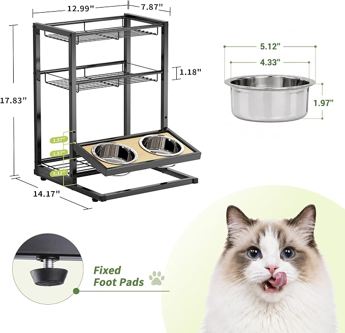 Elevated Cat Bowl Stand Feeding Station, 3-Tier Cat Food Organizer & Storage, Pet Feeding Station with Cat Table, Cat Food Stand for Large Medium Cats, 3 Height Adjustable, Black - Image 4