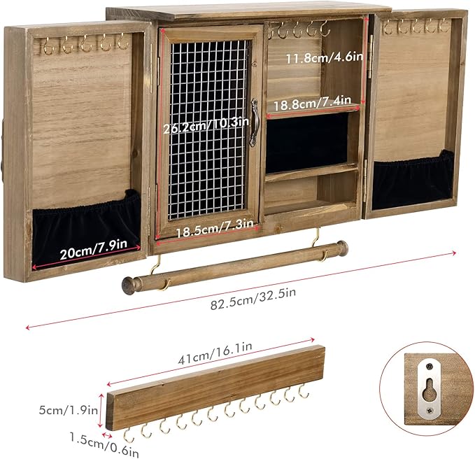 ikkle Wooden Jewelry Organizer Wall Mounted, Hanging Jewelry Holder with Removable Bracelet Rod and Hooks for Necklaces Earrings Bracelets Rings, Brown - Image 6