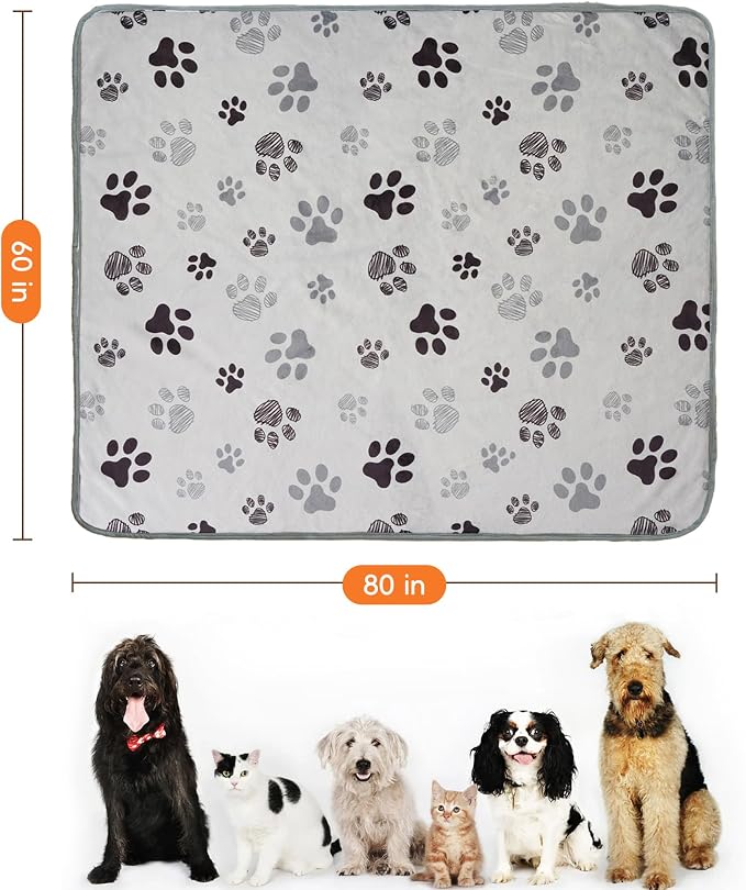 Waterproof Dog Blankets Pet Blanket 60"x80", Soft Fluffy Sofa Car Bed Protector, Reversible Sherpa Fleece Dog Blanket for Large Dogs(Light Grey-Paws) - Image 2