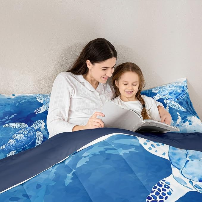 Homewish Sea Turtle Comforter Set King,Octopus Seaweed Silhouette Bedding Set for Kids Teens Girls Room Decor,Navy Blue Tie Dye Quilt Set Undersea Animals Plants Down Comforter 3pcs,2 Pillowcases - Image 7
