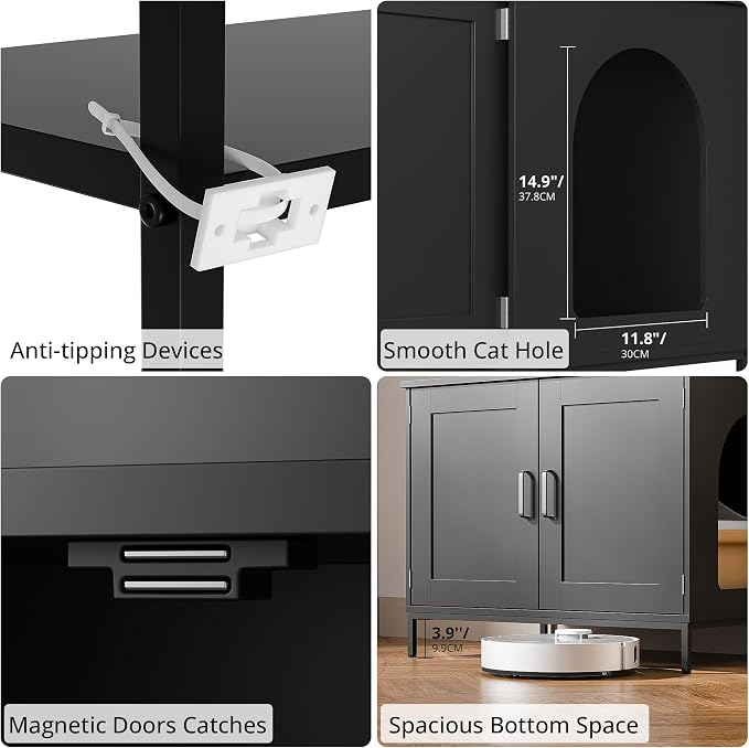 Cozy Castle Cat Litter Box Enclosure with Storage, 57'' Hidden Cat House Furniture, Wooden Cat Cabinet with Shelves & 4 S-Hooks, Indoor Cat Litter Box Organizer, Black - Image 6