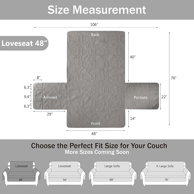 Cool Gray Loveseat Covers for 2 Cushion Couch, Water-Repellent Covers for Sofa, Machine Washable Love Seat Quilted Couch Covers, Pet Friendly Loveseat Slipcovers (Loveseat 48", Cool Gray) - Image 7
