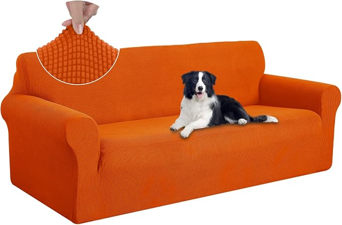 U-NICE HOME Oversized Stretch Couch Cover Slipcover, Orange | 3 Cushion Sofa, 1-Piece Sofa cover, Washable, Pet friendly, Furniture protector, Polyester Spandex Jacquard fabric by U-NICEHOME