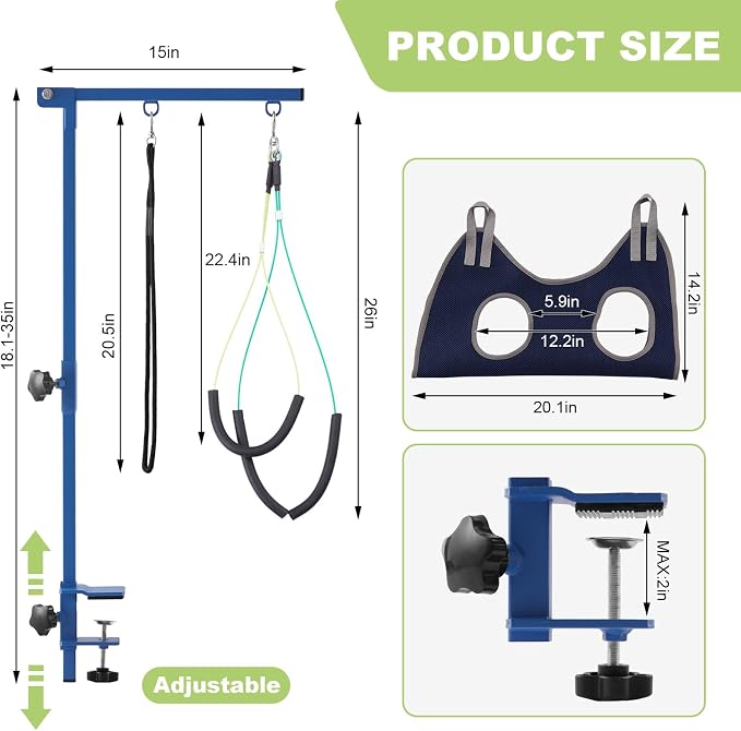 Home Dog Grooming Table Arm with Hammock 35" Height Adjustable Dog Grooming Arm with Clamp No-Sit Haunch Holders Durable Blue(Grooming Table Not Included) - Image 6