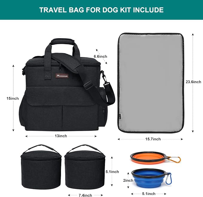 Modoker Weekend Dog Travel Bag Set with 2 Food Bags, 2 Bowls and Mat, Black | Dog Travel Accessories Organizer for Camping and Road Trips with Roomy Storage, Multiple Pockets and Water-Resistant Oxford - Image 3