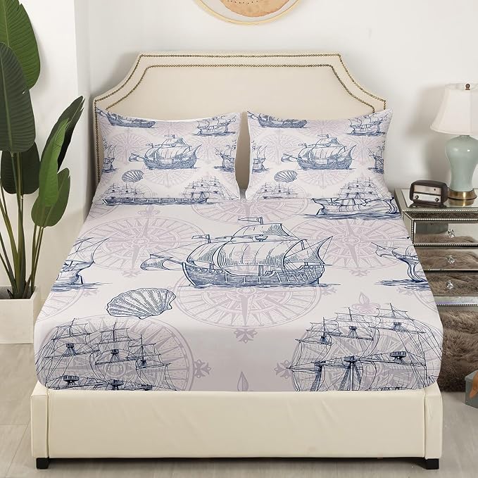 Nautical Bed Sheet Set,Ocean Beach Themed Bedding Set Queen,Blue Vintage Sailboat Sheet Set for Kids Boys Girls Bedroom Decor,Hawaiian Nature Style Ships Anchor Fitted Sheet + Flat Sheet + Pillowcases - Image 3