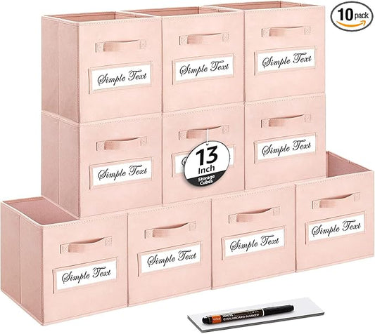 13x13x13 storage cube bins(Set of 10) Fabric storage cubes with 10 Labels Window Cards & a Pen, storage cubes 13x13, Collapsible 13 inch cube storage bins, Cubby Organizer Boxes, Pink by Artsdi