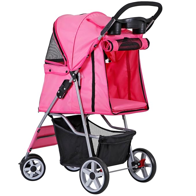 Pet Stroller 4 Wheels Dog Cat Stroller for Small Medium Dog Cats Carrier Jogger Travel Foldable Puppy with Storage Basket and Cup Holder (Pink)