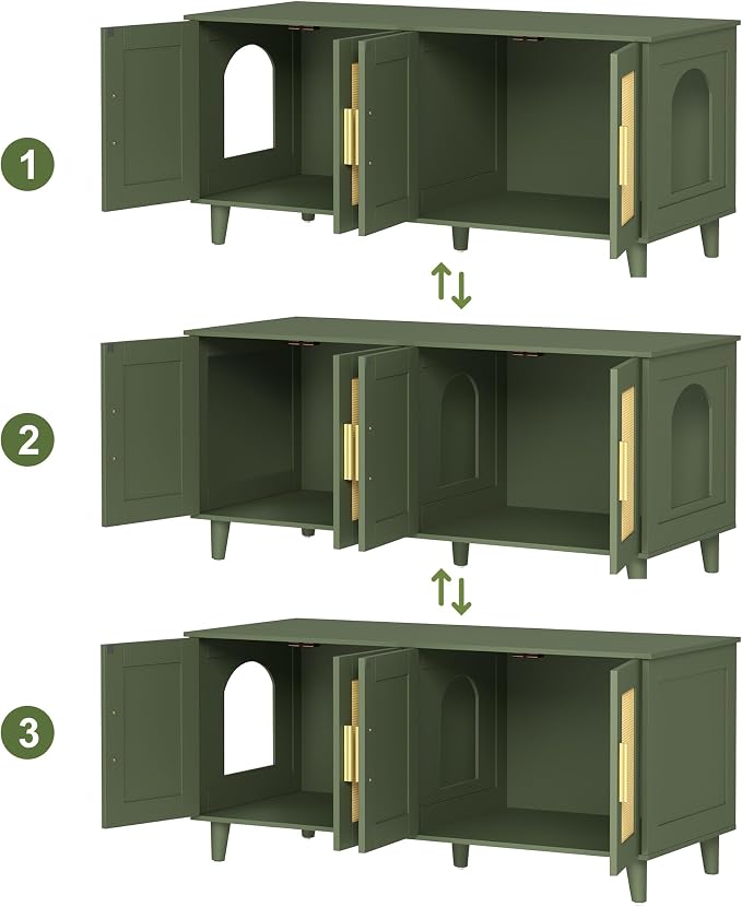 Homhedy Boho Cat Litter Box Enclosure for 2 Cats, Green and Natural | Hidden Litter Box Furniture with Double Rattan Decorated Doors, Cat Washroom, Cat House, Dog-Proof, TV Stand - Image 6