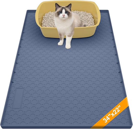 Silicone Large Cat Litter Mat 34" X 22", Cat Mat for Litter Box, Cats Litter Trapping Mat, Non-Slip and Waterproof, Raised Edges, Blue by BLESWIN