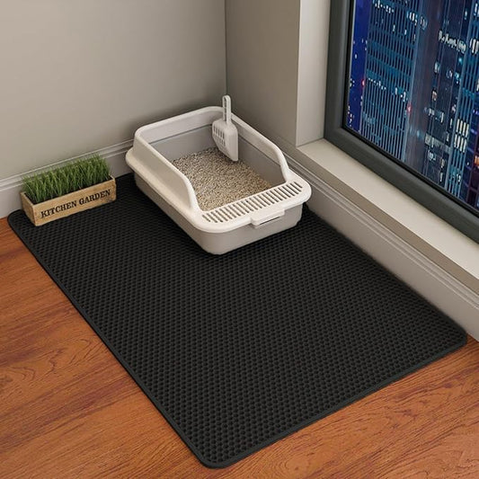 HCY&WLD Cat Litter Mat, 45x26/35x24/30x22/24x18 Inch Double Layer Cat Litter Box Mat, EVA Non-Slip, Waterproof Urine Proof Cat Litter Catcher Mat, Easy Clean Scatter Control (35x24 Inch, Black) by HCY%26WLD