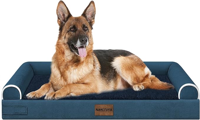 NANUYA Orthopedic Dog Bed for Jumbo Dogs, 48 x 33 Inch, Navy Blue | Egg crate foam for joint support, 3-sided bolster pet sofa, waterproof lining, washable cover, and non-skid base by Nanuya