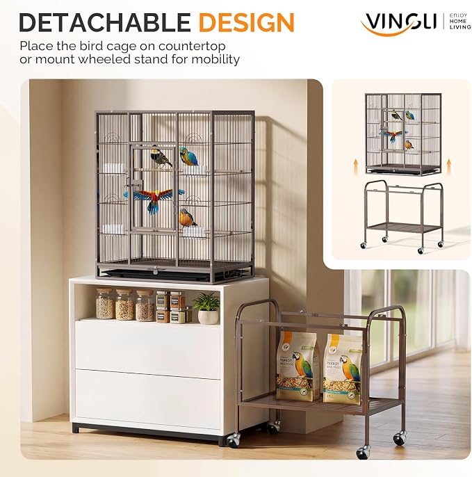 VINGLI 53-inch Bird Cage with Wheels, Durable Wrought Iron Parakeet Cage with Slide Out Tray, Black Bird Cages for Parakeets/Lovebird/Cockatiels/Budgies and Other Small/Medium Birds (Brown, 53 inch) - Image 2