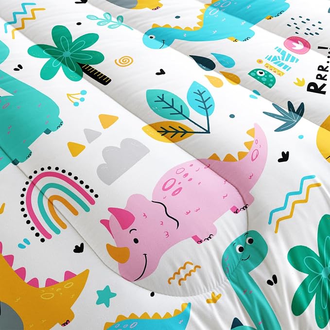 Nttopship Cute Cartoon Dinos Comforter Sets King Size for Kids, Cartoon Dinosaurs and Rainbows Comforter Sets All Season 1 Comforter and 2 Pillowcases - Image 6