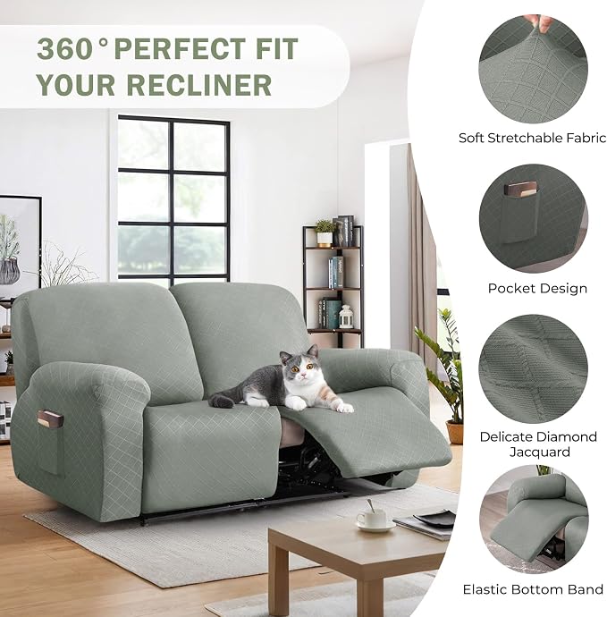 vctops Diamond Recliner Loveseat Slipcover 6-Pieces Stretch Dual Recliner Sofa Covers for 2 Seat Dual Reclining Loveseat Couch Soft Solid Furniture Protector (Greyish Green,2 Seat) - Image 4