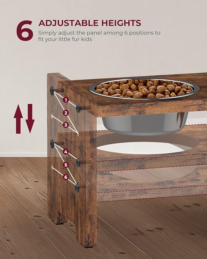Vantic Elevated Dog Bowls, Raised Bowl Stand Adjustable Small, Rustic Brown | Particle Board Raised Feeder with 2 Stainless Steel Bowls, Adjustable Height for Small Puppies and Cats - Image 2