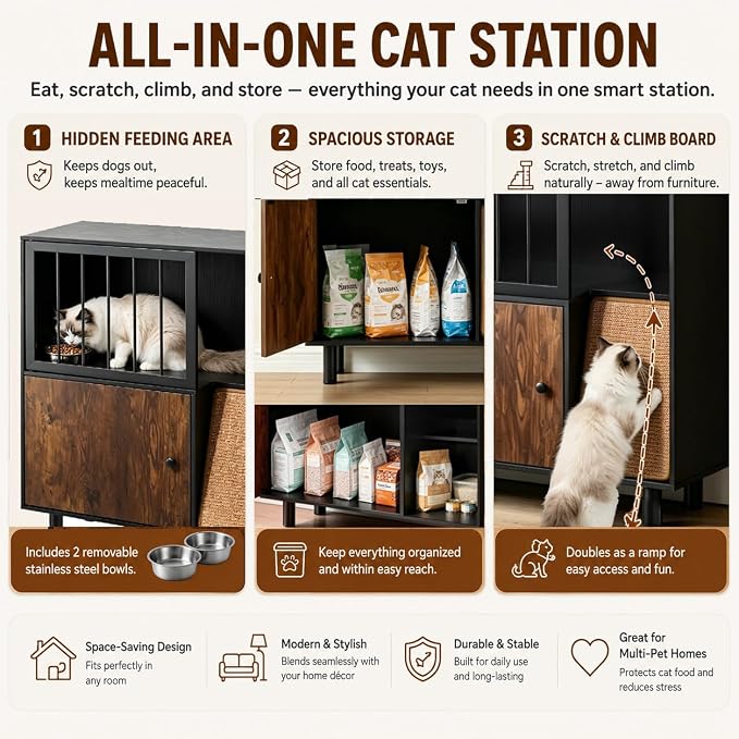 Dog Proof Cat Feeding Station with Storage Cabinet& 2 Stainless Steel Bowls, Elevated Cat Food Station with Scratching Board, Modern Wooden Cat House Furniture for Indoor Cats, Large Pet Cabinet - Image 4