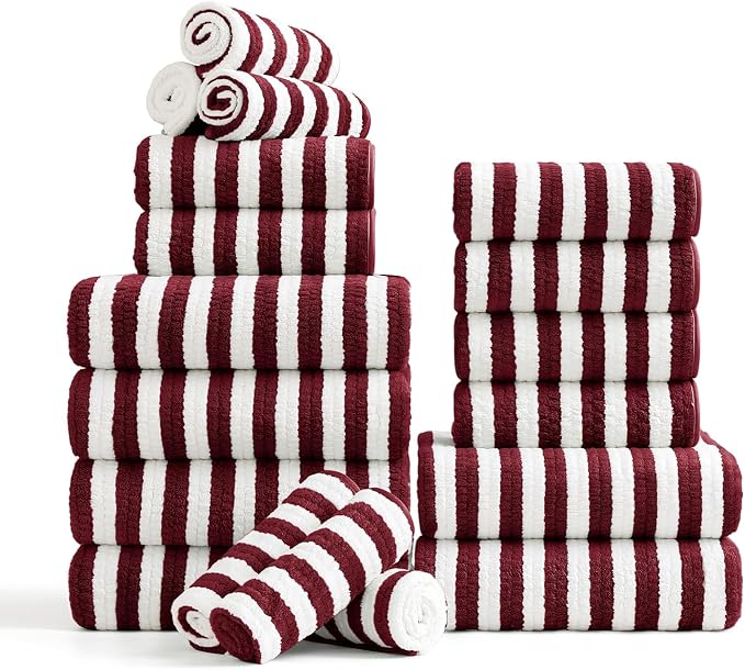 18-Piece Microfiber Bath Towels Set - 6 Bath Sheet, 6 Hand Towels, 6 Washcloths, Soft, Highly Absorbent Bathroom Towel, Quick Dry & Less Lint Shower towel for Bathroom, Hotel, Spa, Dorm-Burgundy by FerdilanUS