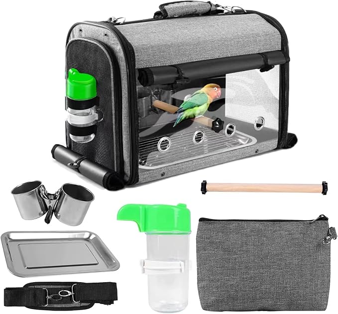 Bird Carrier Bag with Stand, Lightweight Backpack for Parrot, Portable Cockatiel Travel Cage with Accessories, Pet Transparent Breathable Carrier, Gray - Image 4