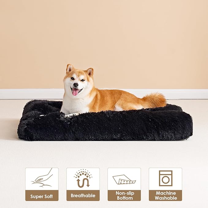 EHEYCIGA Fluffy Dog Crate Bed for Large Dogs, Plush Faux Fur Pad, Black | Calming Anti Anxiety Large Dog Crate Bed, Washable Soft Warm Mat with Non-Slip Bottom - Image 7