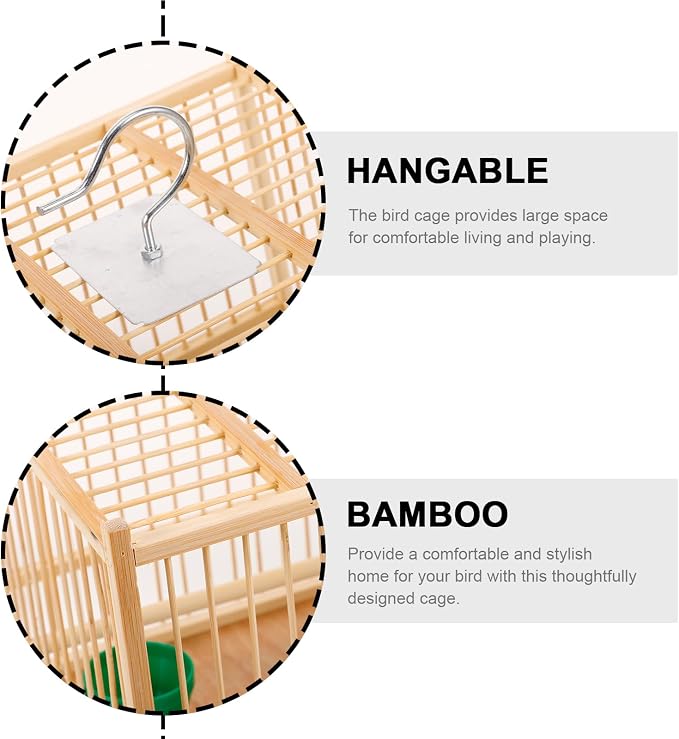 Kisangel Bamboo Bird Cage Small Parrot Cage with Hanging Hook Indoor Outdoor Bird Keeping 9.84X7.87X9.84 Inches for Budgies Lovebirds Cockatiels - Image 3