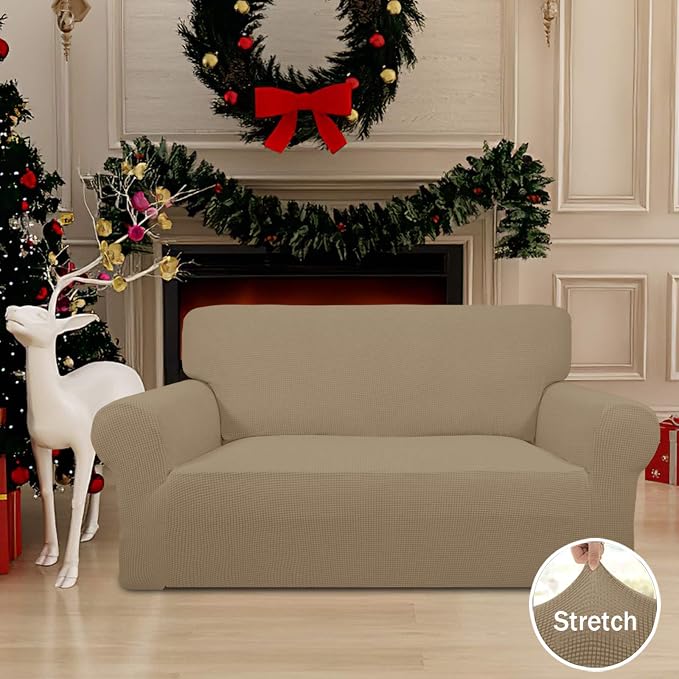 Easy-Going Stretch Loveseat Couch Covers Washable Tan | 1-Piece Loveseat Covers for 2 Cushion Couch Furniture Protector RV Sofa Slipcover Soft with Bottom for Kids Pets - Image 2