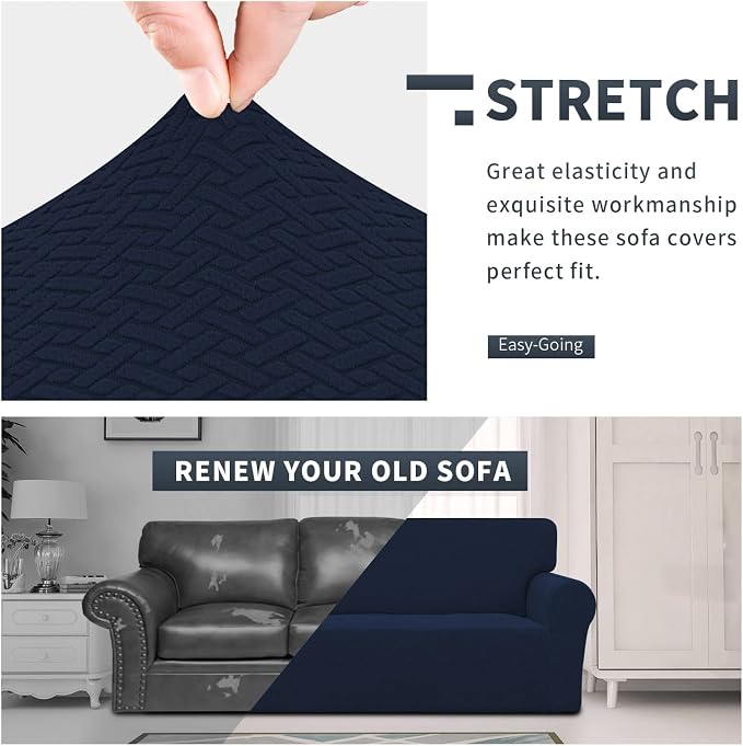 Easy-Going Stretch Jacquard Couch Cover, 1-Piece Soft Sofa Cover, Sofa Slipcover with Anti-Slip Foams, Washable Furniture Protector for Kids, Pets (Sofa, Navy Blue) - Image 3