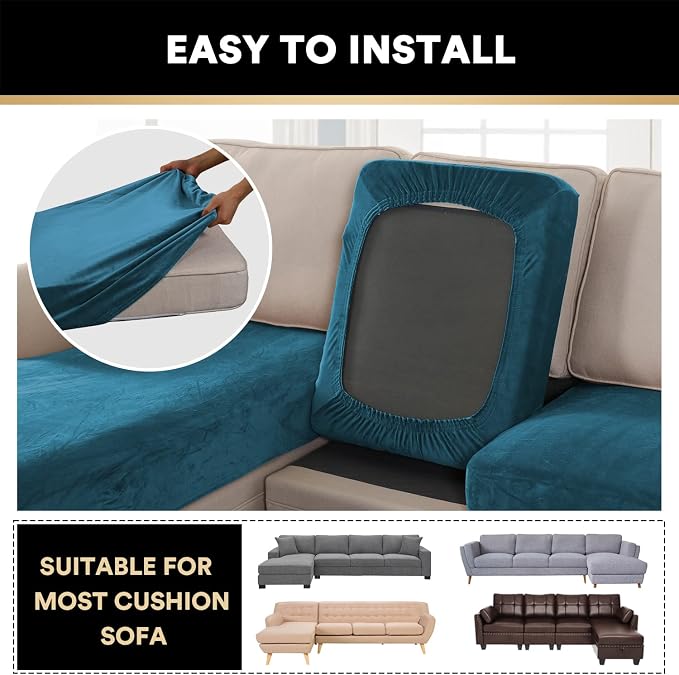 PrinceDeco Sectional Couch Cover 4 Pieces Couch Covers for Sofa Velvet Separate SlipCovers L Shape for Left/Right Chaise Sectional Couch(3 Seater + 1 Chaise,Deep Teal) - Image 6