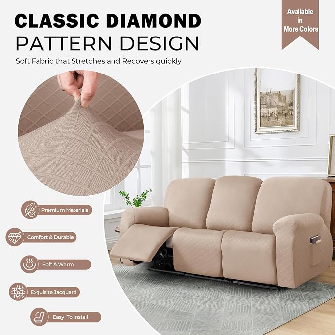 vctops Diamond Recliner Sofa Covers 8-Pieces Stretch Large Couch Covers for 3 Seats Reclining Slipcovers Soft Solid Furniture Protector (Camel,3 Seat) - Image 3