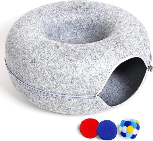 Large Cat Tunnel Bed for Indoor Cats with 3 Toys, Scratch Resistant Donut Cat Bed, Up to 30 Lbs (L 24x24x11, Light Grey) by PLIISLUP